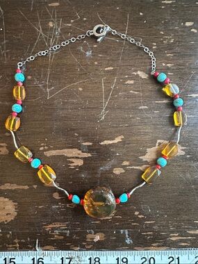 20” Amber, hand cut, coral, liquid silver, turquoise & maybe howlite necklace 60